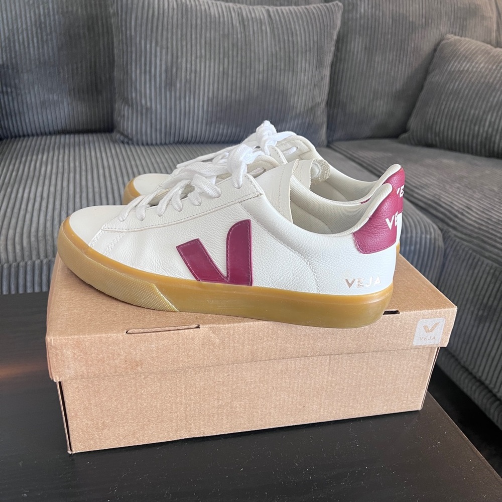 Veja Women's Leather Campo Trainer Sneakers Extra White Marsala Natural Sz 8
